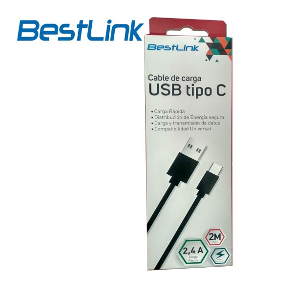 Cable de carga USB tipo C carga rápida de 2.4amp. 2 mts. negro
